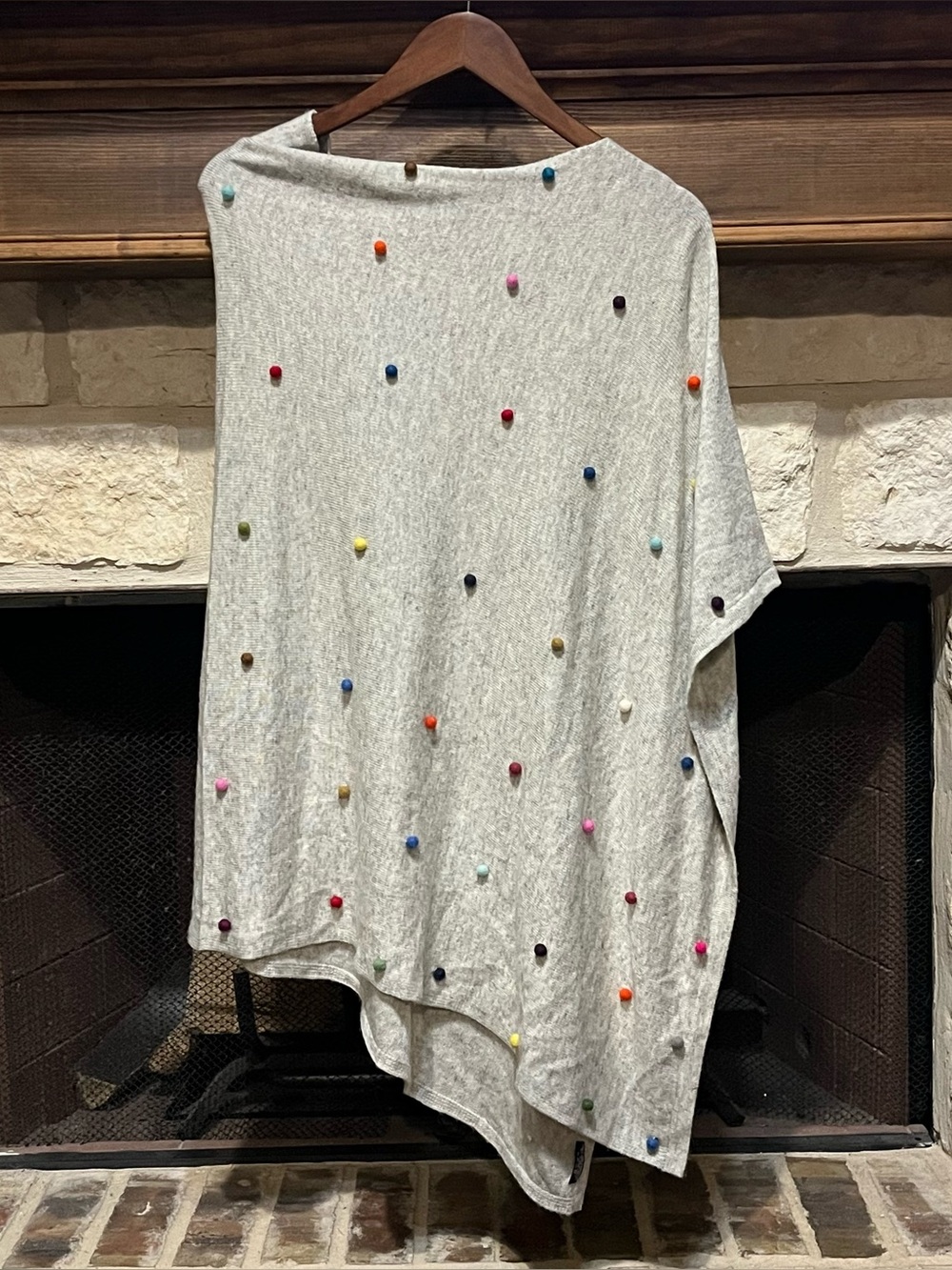 Cashmere Poncho Gray Multicolor Pom Pom Asymmetrical